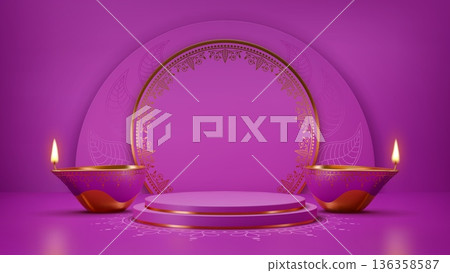 Indian diwali holiday podium stage vector background with realistic 3d diya lanterns. Diwali light festival purple podium, product display, stage or scene with circle pedestal and gold diya lamps Indian diwali holiday podium stage vector background with realistic 3d diya lanterns. Diwali light festival purple podium, product display, stage or scene with circle pedestal and gold diya lamps 136358587