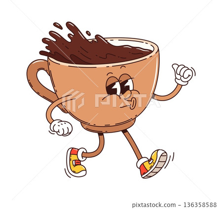 Cartoon retro groovy coffee cup character joyfully strolling with coffee splashing out of the mug. Isolated cheerful vector retro drink and beverage funky hippie personage smiling and wearing sneakers Cartoon retro groovy coffee cup character joyfully strolling with coffee splashing out of the mug. Isolated cheerful vector retro drink and beverage funky hippie personage smiling and wearing sneakers 136358588