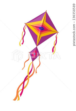 Cartoon festive diamond shaped paper kite in vibrant shades of purple, yellow and orange long curling streamers. Kids outdoor sports kite. Indian festival isolated vector paper wing or flying toy Cartoon festive diamond shaped paper kite in vibrant shades of purple, yellow and orange long curling streamers. Kids outdoor sports kite. Indian festival isolated vector paper wing or flying toy 136358589