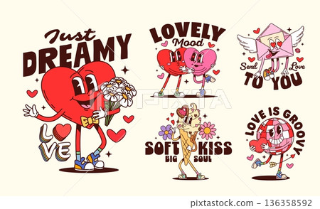 Valentine groovy and love heart characters vector stickers set. Valentine Day holiday retro y2k mascots of cute hearts couple, love letter message, funny groovy disco ball and ice cream cone stickers Valentine groovy and love heart characters vector stickers set. Valentine Day holiday retro y2k mascots of cute hearts couple, love letter message, funny groovy disco ball and ice cream cone stickers 136358592