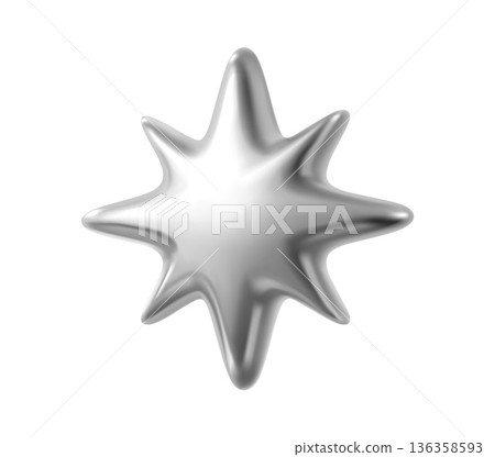 Silver 3d star or spark realistic metallic shape. Shiny metal realistic element, chrome metallic balloon or 3d isolated vector form. Silver star or spark render shape, glossy gradient figure 136358593