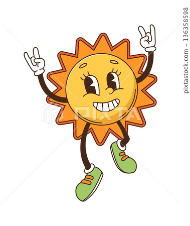 Cartoon groovy hippie sun character. Vector happy sunny retro personage with big, joyful smile, vibrant rays beaming, rock gestures, exudes summer warmth and happiness with positive facial expression 136358598