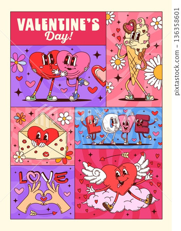 Valentine love groovy characters on posters and banners with funky hearts, cartoon vector. Valentine's day posters with funny groovy hearts in love on cloud heaven with cupid arrow and envelope letter Valentine love groovy characters on posters and banners with funky hearts, cartoon vector. Valentine's day posters with funny groovy hearts in love on cloud heaven with cupid arrow and envelope letter 136358601