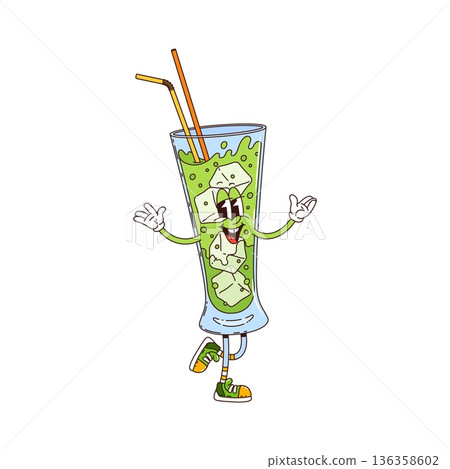 Cartoon groovy mojito drink and beverage glass funky hippie character with ice cubes and straws, happily posing. Vector retro lively classic summer refreshing cocktail personage with playful smile Cartoon groovy mojito drink and beverage glass funky hippie character with ice cubes and straws, happily posing. Vector retro lively classic summer refreshing cocktail personage with playful smile 136358602
