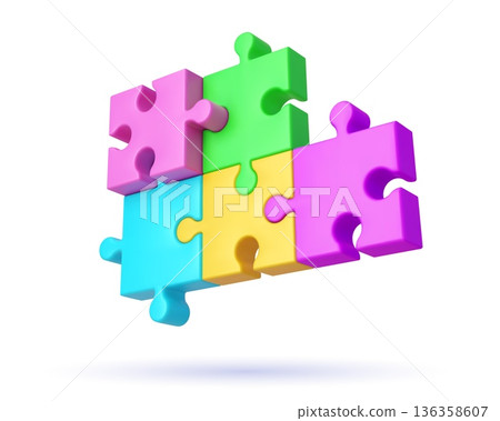 3d jigsaw puzzle pieces. Success, solution or game toy icon. Vector colorful puzzle blocks connected together forming symbol of teamwork, logic thinking, integration, problem solving, business process 136358607