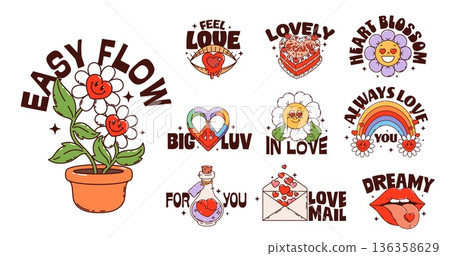 Love and Valentine y2k groovy stickers, heart funky labels, vector Valentine's Day. Retro hippy daisy flower characters with cartoon groovy rainbow, heart cake and eye, love potion and letter stickers 136358629