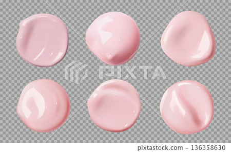 Realistic pink skincare cosmetic foundation cream swatches set, vector makeup. 3d liquid color foundation swatch drops with realistic creamy texture. Pink concealer, bb cream or makeup base samples 136358630