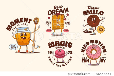 Funny dessert and sweet groovy characters stickers and t shirt prints. Cartoon vector smiling honey jar, chocolate truffle, macaron, waffle and donut funky sweet desserts personages and retro quotes 136358634