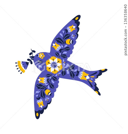 Scandinavian ethnic flying blue bird decoration. Norwegian nature decoration, Nordic folklore animal vector print. Slavic folk flying bird with blue and yellow flower in beak and floral ornament 136358640