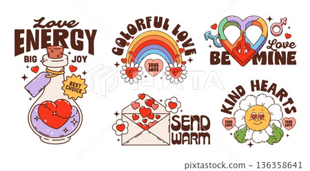 Valentine and love groovy stickers. Funky, retro patches featuring love potion bottle, cheerful rainbow, heart shaped peace sign, and smiling daisy. Valentine vector stickers for planners, event merch 136358641
