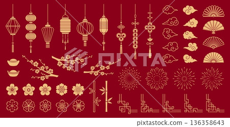 Asian Lunar New Year design elements of Oriental Chinese, Korean and Japanese ornaments, vector decorations. Chinese frames and design elements of lanterns and lucky knots, bamboo and golden ingots 136358643
