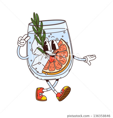 Groovy funky hippie character soda drink in glass with lemon slice and rosemary sprig. Retro vector cartoon beverage with cute face and psychedelic vibe for fun cocktail menus, and party graphics 136358646