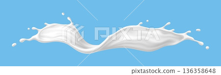 Milk, yogurt or cream wave splash with drops. Realistic 3d vector white fluid dairy product flow with splatters. Liquid milky dessert stream, fresh food, calcium production texture or pour paint drop 136358648