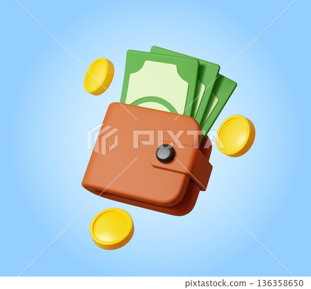 3d money wallet with coins, cash and credit cards. Cashback and payment, finance and salary, shopping purse. Vector symbol of finance, cashback, salary or income. Savings, budget, banking and shopping 136358650