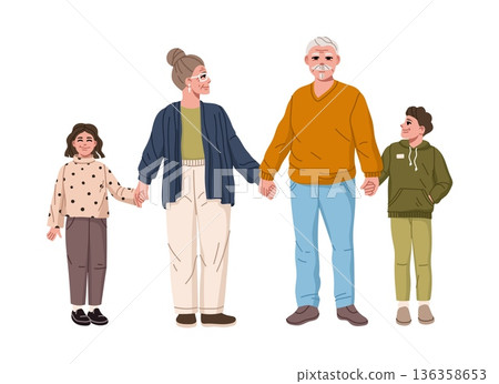 Grandparents and grandchildren happy family members cartoon personages. Grandmother, grandfather, boy and girl grandchildren vector personages, family characters standing together and holding hands Grandparents and grandchildren happy family members cartoon personages. Grandmother, grandfather, boy and girl grandchildren vector personages, family characters standing together and holding hands 136358653
