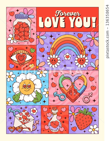 Love feelings and Valentine's day hearts groovy hippie collage poster. Vibrant jar full of hearts, eye, rainbow, peace sign, envelope, sunglasses, love potion bottle for Valentine bedroom decor Love feelings and Valentine's day hearts groovy hippie collage poster. Vibrant jar full of hearts, eye, rainbow, peace sign, envelope, sunglasses, love potion bottle for Valentine bedroom decor 136358654