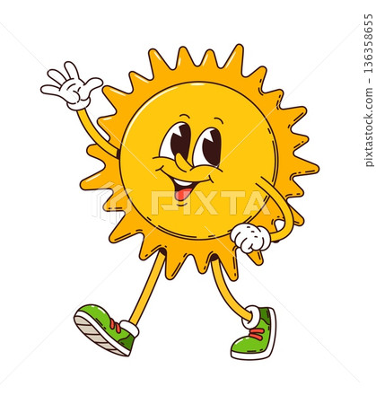 Cartoon groovy funny sun character with happy smile on face, vector cheerful personage. Groovy sun character with sunny smile and Hi hand gesture walking in funky hipster shoes for summer emoji 136358655