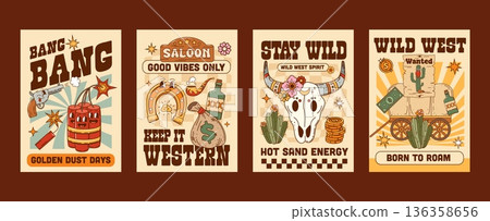 Funky western groovy hippie Wild West characters posters. Vibrant vector dynamite mascot, horseshoe, buffalo skull, money sack, smoking pipe, revolver, cacti, coins, cowboy wagon, and bottle of rum 136358656