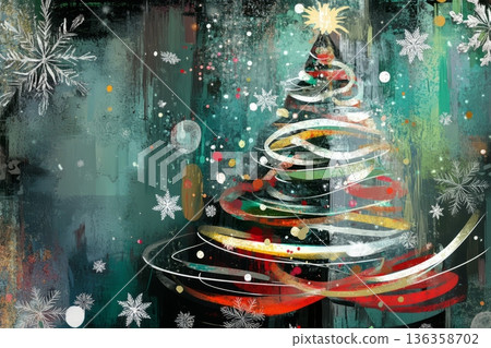 The red golden christmas tree oil illustration made with strokes paint 136358702