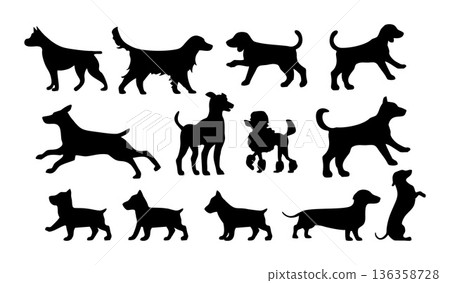 Set walking and standing dog silhouette. Vector black icon 136358728