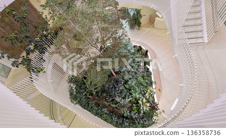 Modern atrium interior with lush indoor garden, white neutral tones, biophilic calm mood, Cloud Dancer 2026 color 136358736