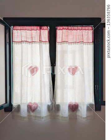 Cozy window textile with stitched hearts, drape pattern feels handmade, drape softness creates calm farmhouse mood, drape detail supports romantic rental, hospitality, decor edits content 136358766