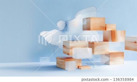 Abstract minimalist wooden blocks with cloud shape on blue background. 136358984
