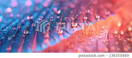Close-up of dew drops on a colorful leaf, vibrant colors and soft focus. Close-up of dew drops on a colorful leaf, vibrant colors and soft focus. 136358989