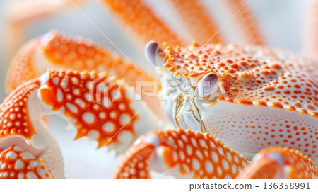 Close-up of a vibrant orange and white crab with intricate markings. 136358991