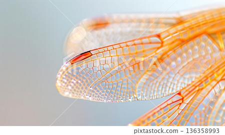 Close-up of dragonfly wings showing intricate veins and patterns. Close-up of dragonfly wings showing intricate veins and patterns. 136358993