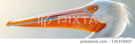 Close-up of a pelican's beak, showing its orange color and unique texture. Close-up of a pelican's beak, showing its orange color and unique texture. 136359007