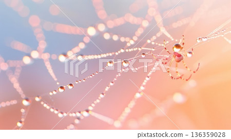 Dew drops glisten on a spider web, creating a delicate, colorful scene. Dew drops glisten on a spider web, creating a delicate, colorful scene. 136359028