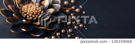 Golden flower mandala on a dark background. 136359068