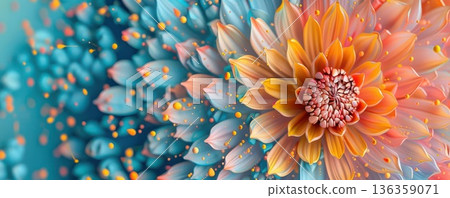 Close-up of a vibrant orange flower with blue and pink petals in the background. Close-up of a vibrant orange flower with blue and pink petals in the background. 136359071