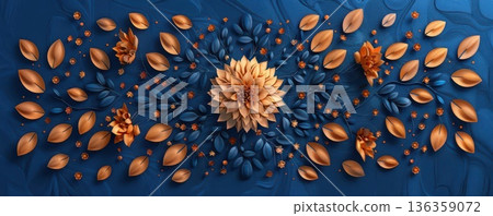 Abstract floral arrangement with orange and blue tones on a dark blue background. 136359072