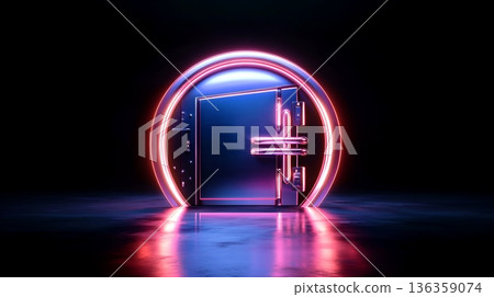 Glowing neon framed circular portal opening onto a dark futuristic space with reflective surfaces and vibrant lighting effects 136359074