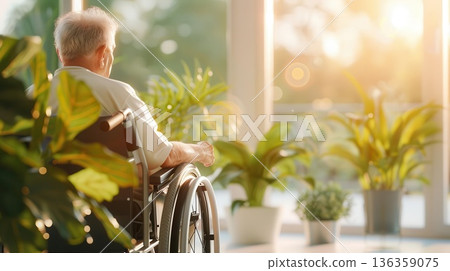 Senior man in a wheelchair looking out the window at the sunset. 136359075