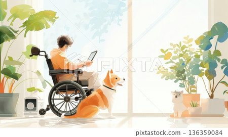 Person in a wheelchair working on laptop with dog and cat by their side. Person in a wheelchair working on laptop with dog and cat by their side. 136359084