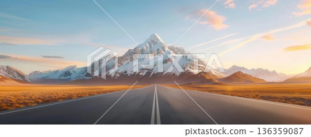 Empty road leading to a majestic snow-capped mountain peak under a blue sky. Empty road leading to a majestic snow-capped mountain peak under a blue sky. 136359087