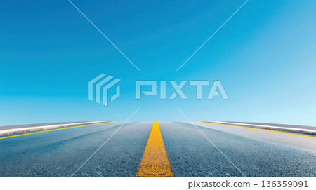 Empty asphalt road with yellow line leading towards clear blue sky. Empty asphalt road with yellow line leading towards clear blue sky. 136359091