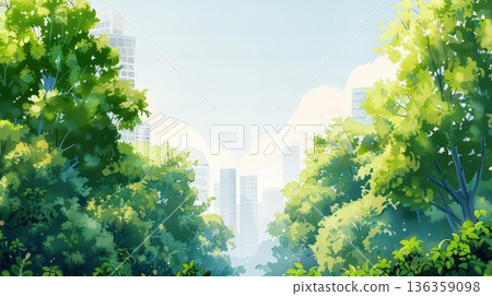 Cityscape with lush green trees on either side of the frame, with buildings peeking through in the distance. 136359098