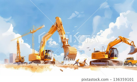 Construction site with excavators and workers. Construction site with excavators and workers. 136359101