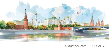 Watercolor painting of the Moscow Kremlin with the Moskva River in the foreground. 136359179