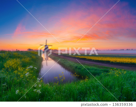 A picturesque countryside landscape at dawn featuring a historic windmill reflected in a calm canal. A picturesque countryside landscape at dawn featuring a historic windmill reflected in a calm canal. 136359336