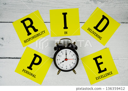 PRIDE Personal Responsibility In Delivering Excellence with alarm clock on wooden background PRIDE Personal Responsibility In Delivering Excellence with alarm clock on wooden background 136359412