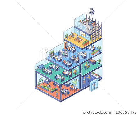 Isometric view shows business growth through multi-level office spaces 136359452