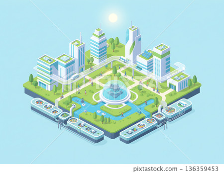 Isometric view shows Recycling and Waste Management in Modern City Isometric view shows Recycling and Waste Management in Modern City 136359453