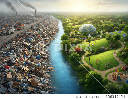 Juxtaposition of pollution and nature side by side at the River 136359454