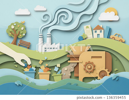 Paper art depicts recycling process to protect environment 136359455