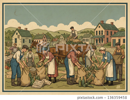People collecting glass bottles for recycling in a Rural Town, early 1900s 136359458